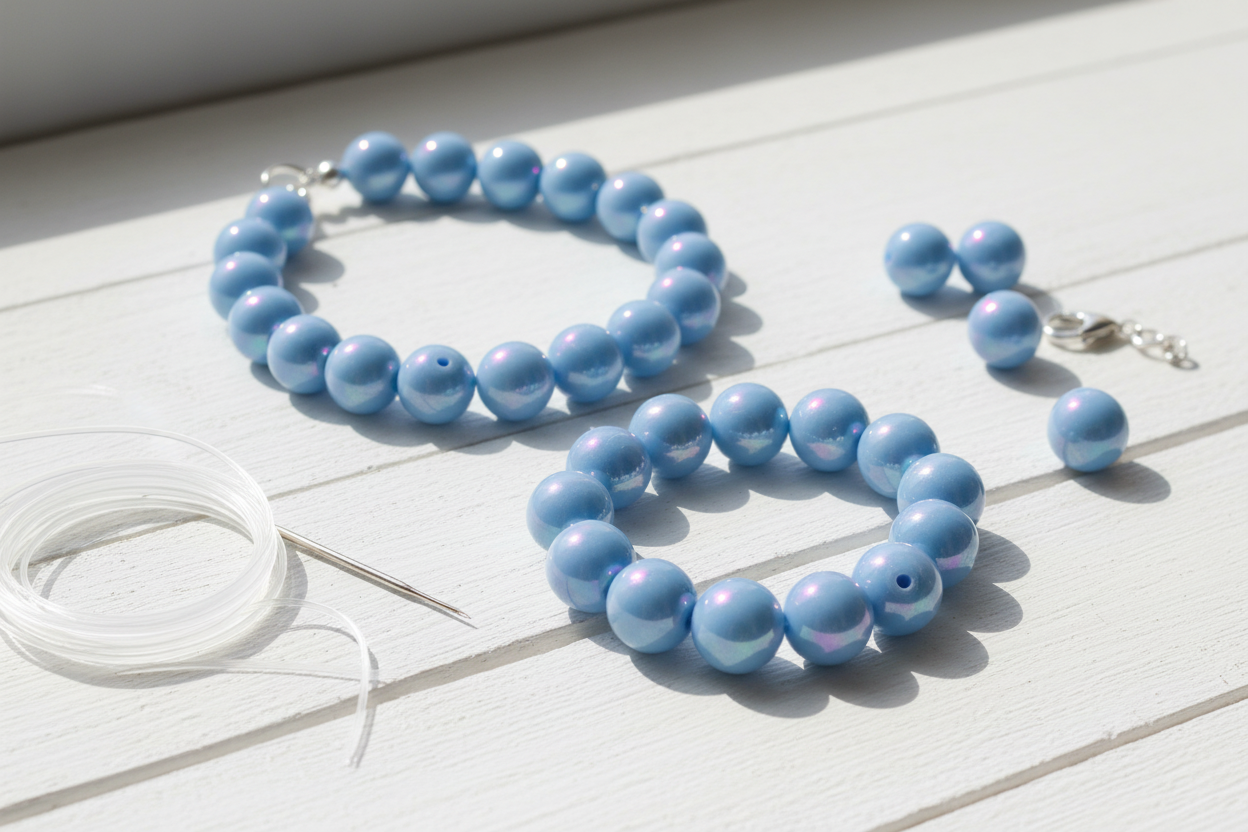 Blue iridescent beads shown as a beaded necklace and bracelet on a light wooden surface