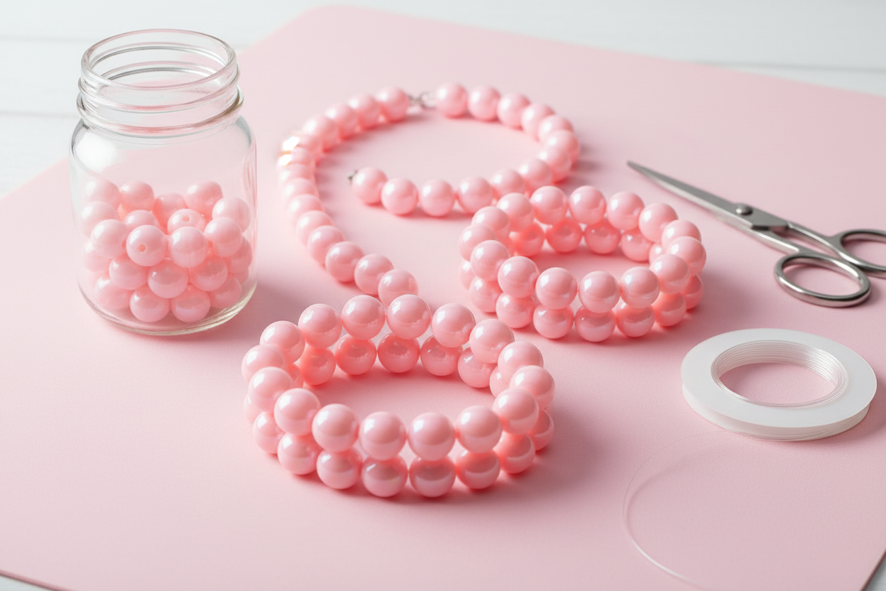 iridescent pink beads shown as  beaded bracelets on a pink surface with a jar of beads and scissors.
