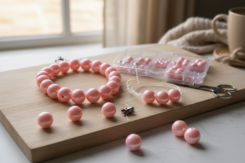 Pink beads and jewelry-making supplies on a wooden board with a blurred background
