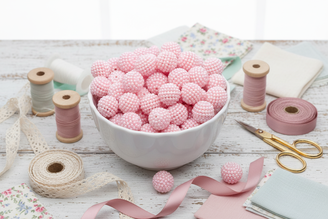 pink bubblegum beads in a white bowl on a wood table with ribbon and scissors