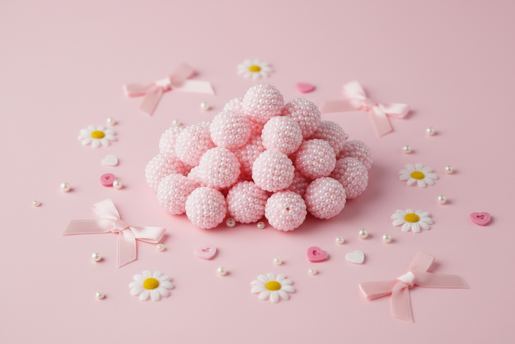 pink bubblegum beads on a pink background with flowers