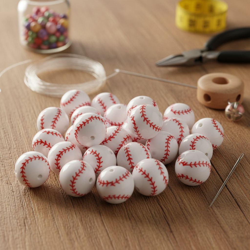Small white baseball beads with red stitching on a wooden surface, surrounded by tools and materials.