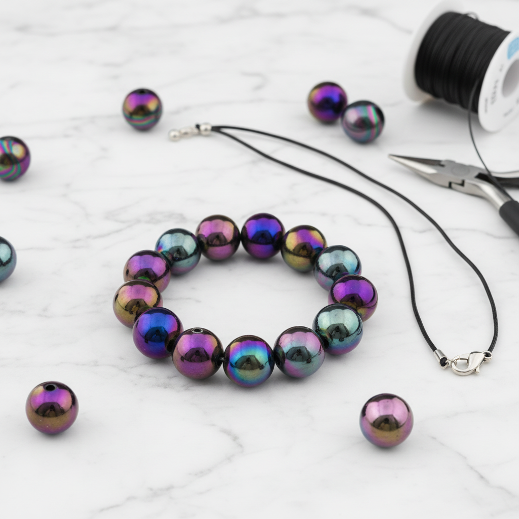 black iridescent beads shown as a  beaded bracelet and necklace on a white surface with tools.