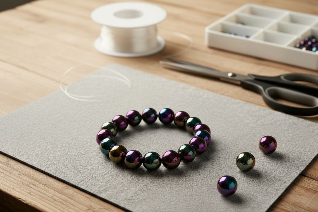 black ab iridescent beads shown as a bracelet on gray fabric with scissors and spool of thread in the background.