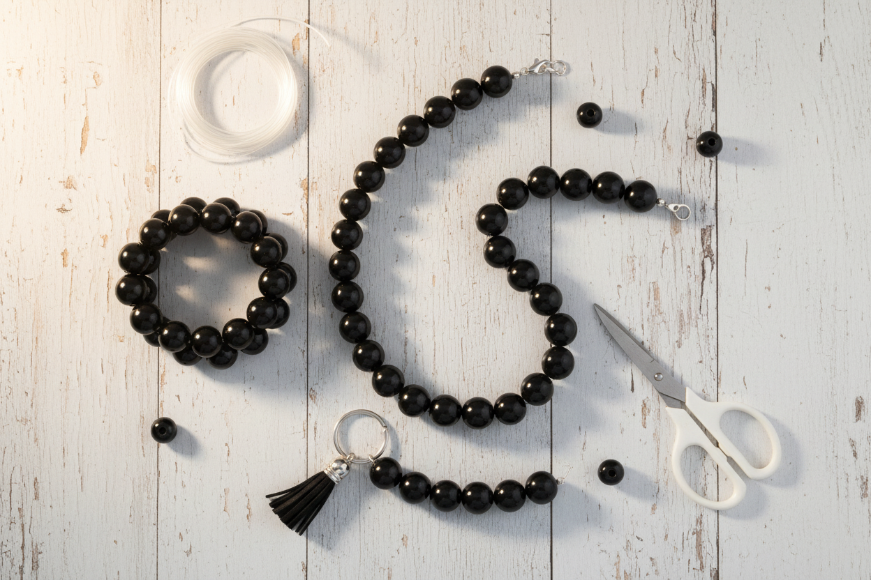 Black beads displayed as a beaded necklace and bracelet with a tassel on a wooden surface with scissors.