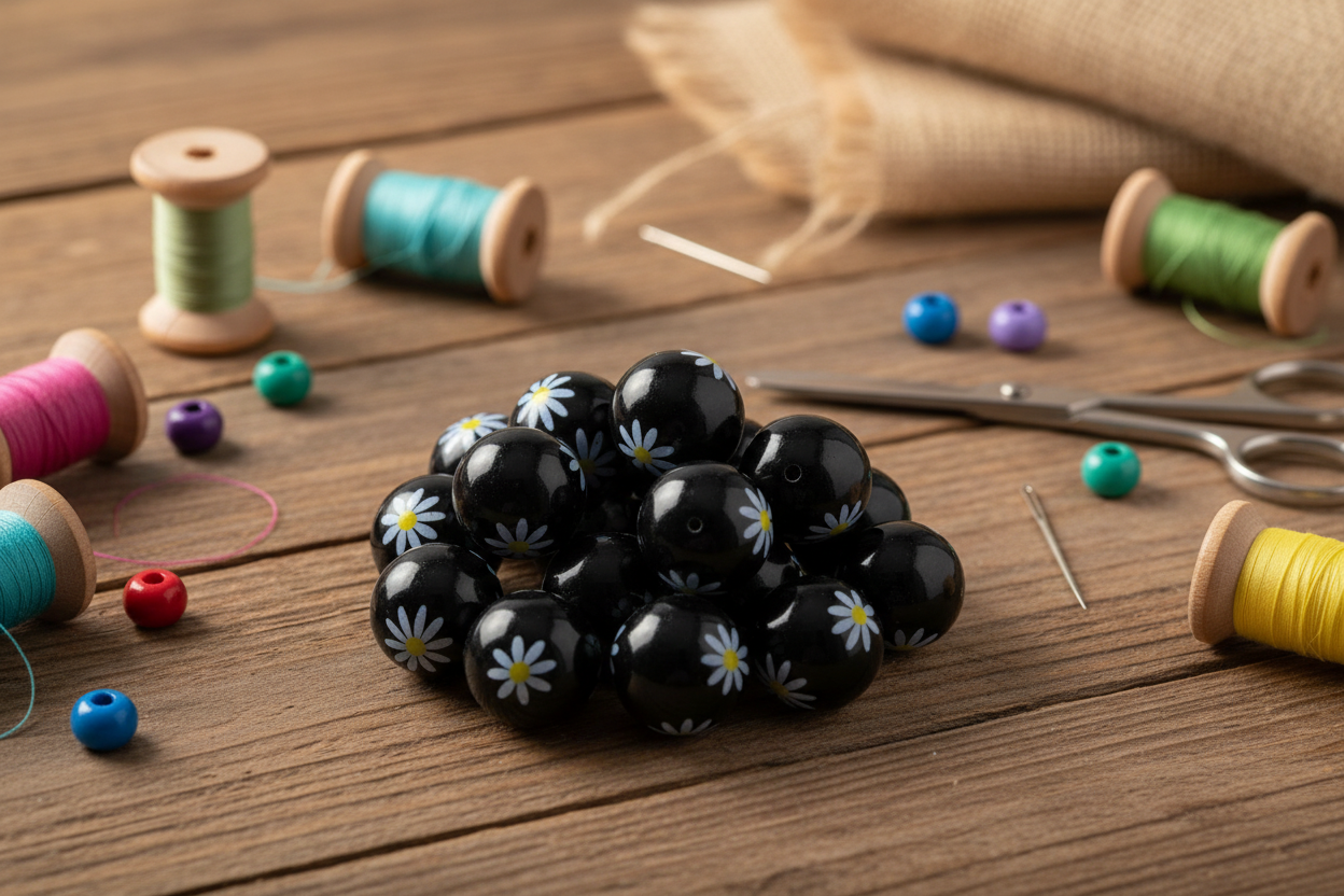 Black beads with white floral patterns on a wooden surface with spools of thread and scissors.
