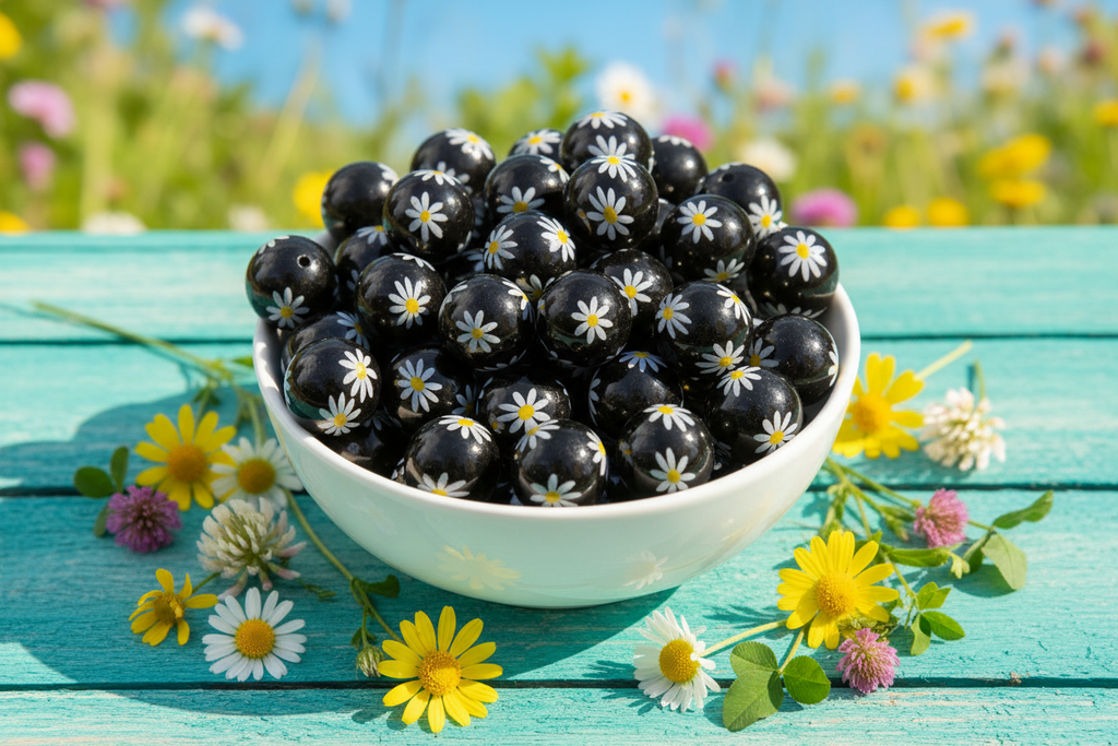 Bowl of black beads with white flowers on a blue wooden surface with flowers around