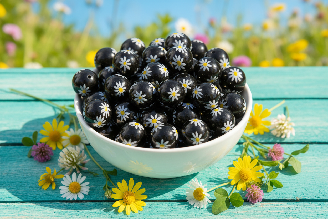 Bowl of black beads with white flowers on a blue wooden surface with flowers around