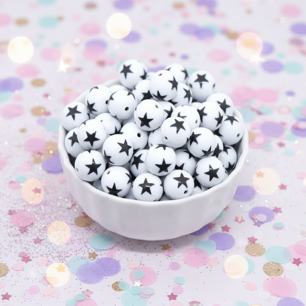 A white ceramic bowl filled with small white beads featuring black star patterns, set against a pastel confetti background.