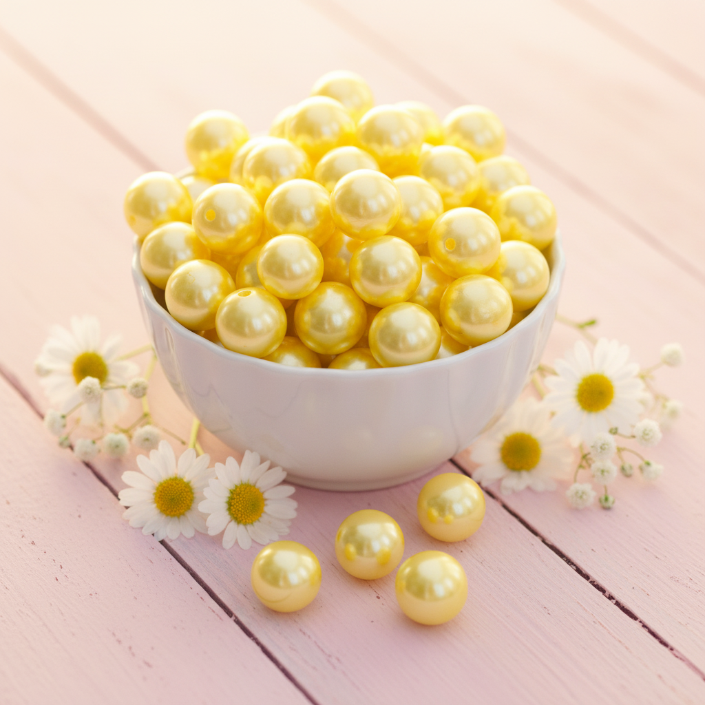 White bowl filled with yellow metallic beads on a  wooden surface with daisies.