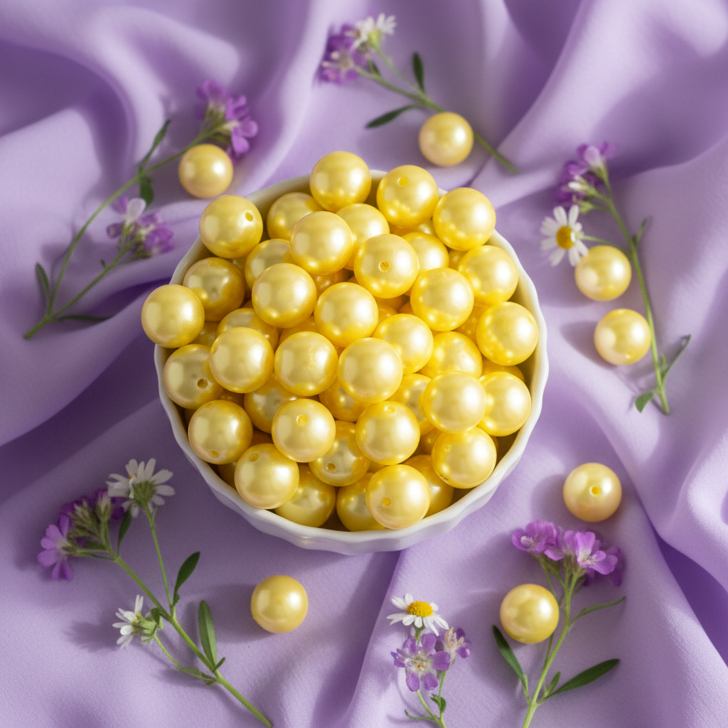 White bowl filled with metallic yellow beads on a purple fabric background with flowers.