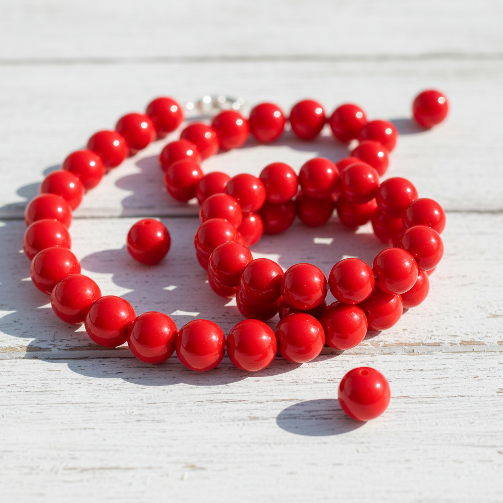 Red beads shown as a beaded necklace on a light wooden surface