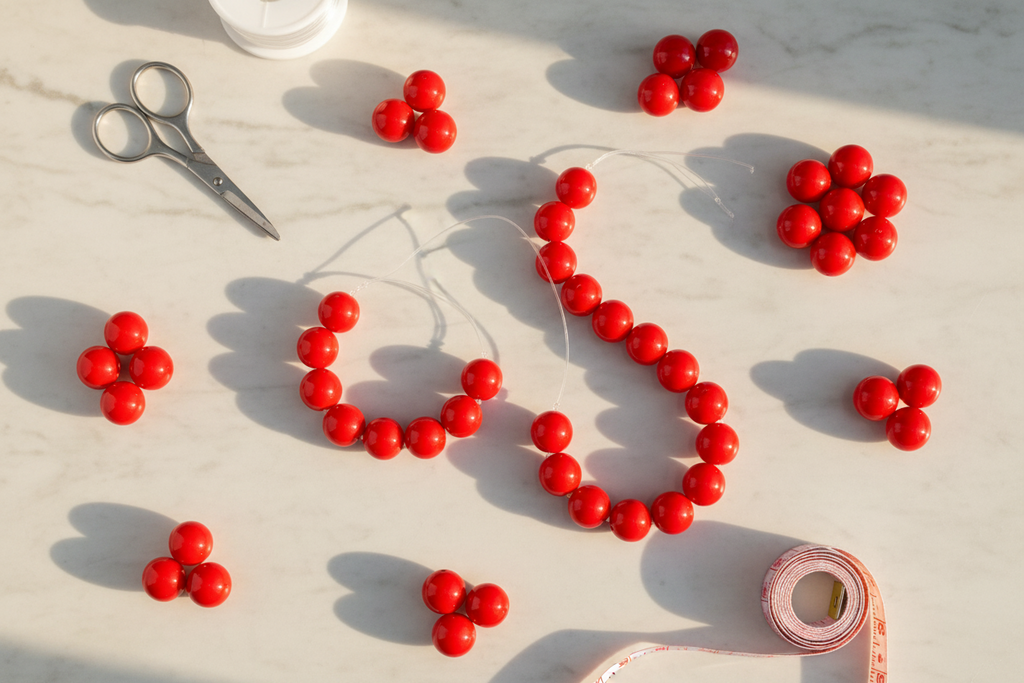 Red beads on a white surface with scissors and measuring tape