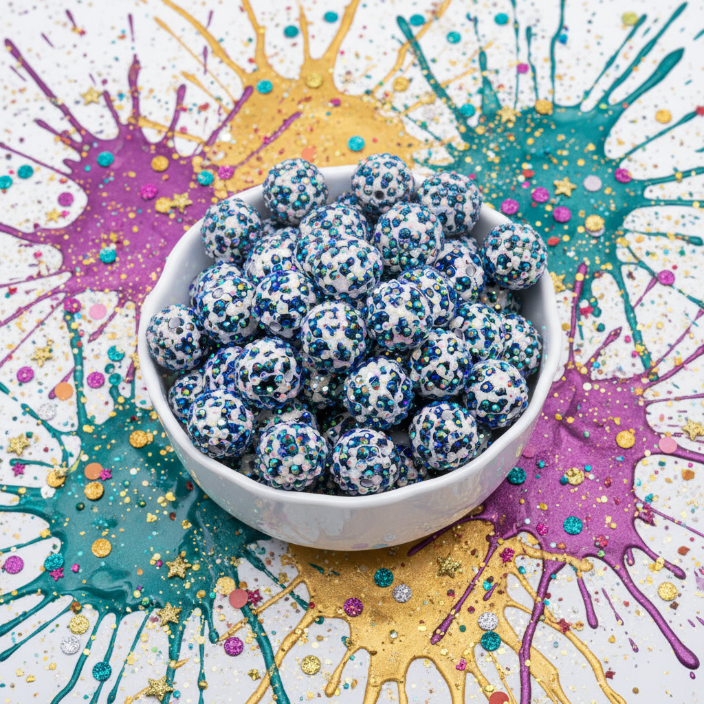 A close-up of many round black and white cheetah print rhinestone beads, piled inside a white bowl on a splatter paint background that has teal, gold and purple paint splatters. 