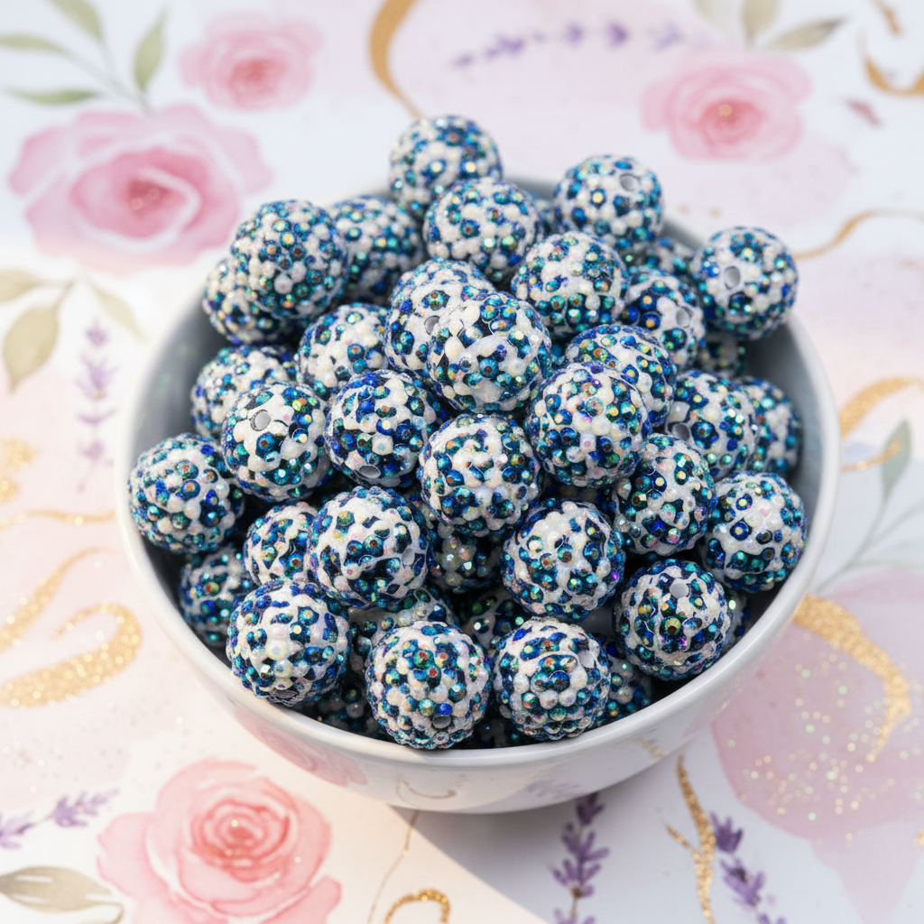 A close-up of many round black and white cheetah print rhinestone beads, piled inside a white bowl, set against a pink floral patterned background.
