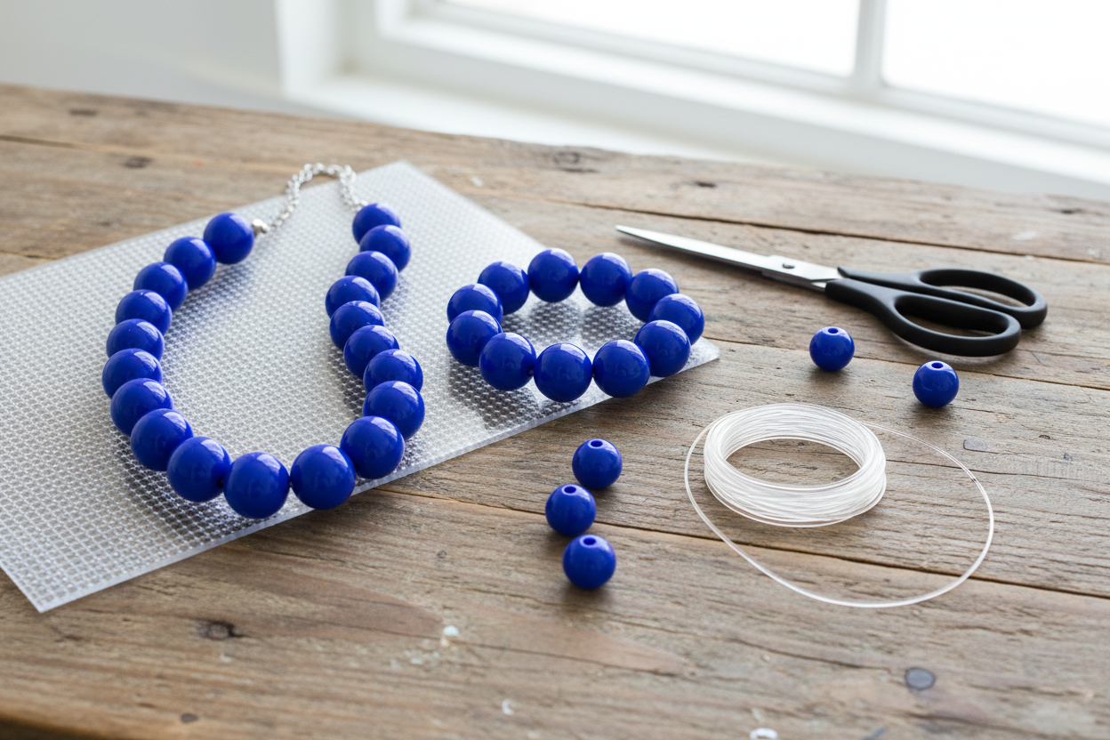 Blue beads displayed as beaded necklaces on a wooden surface with scissors and string.