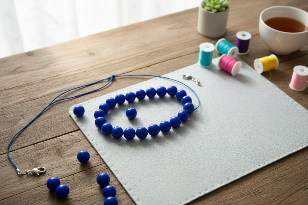 Blue beads displayed as a beaded necklace on a wooden table with spools of thread and a cup of tea