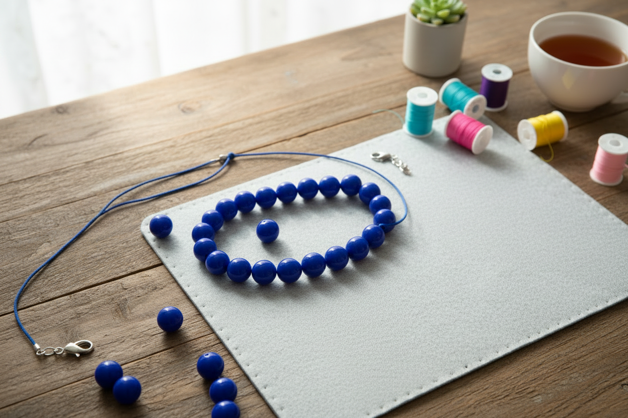 Blue beads displayed as a beaded necklace on a wooden table with spools of thread and a cup of tea