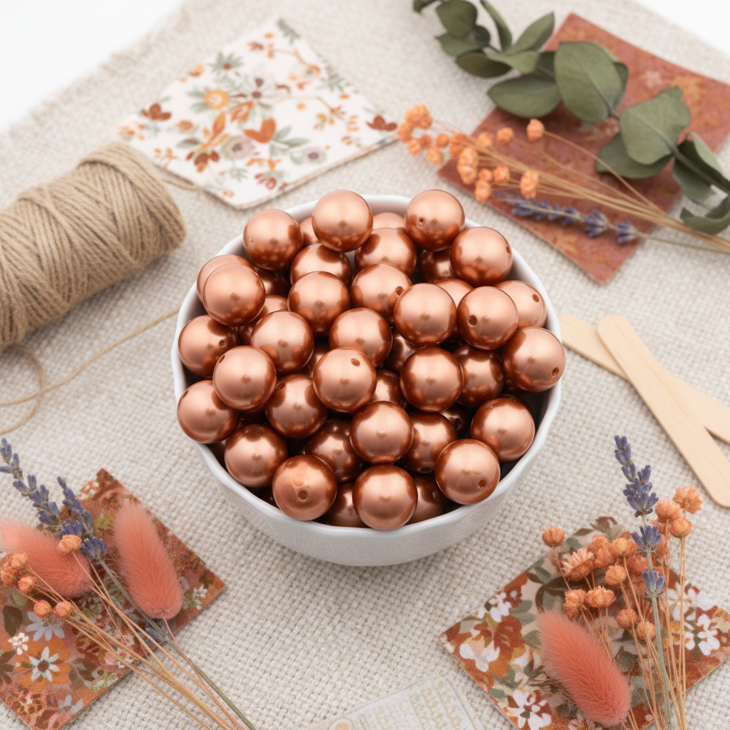 A white bowl filled with shiny metallic copper brown bubblegum beads, styled on a beige fabric background with twine, dried flowers, wooden sticks, and floral paper squares.