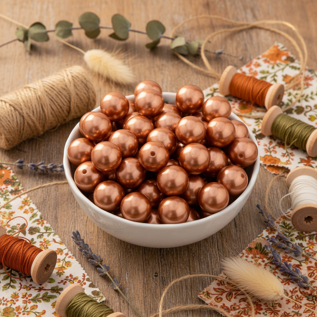 A white ceramic bowl filled with shiny copper brown round bubblegum beads, styled on a wooden surface with spools of thread, floral fabric, eucalyptus leaves, and dried grasses.