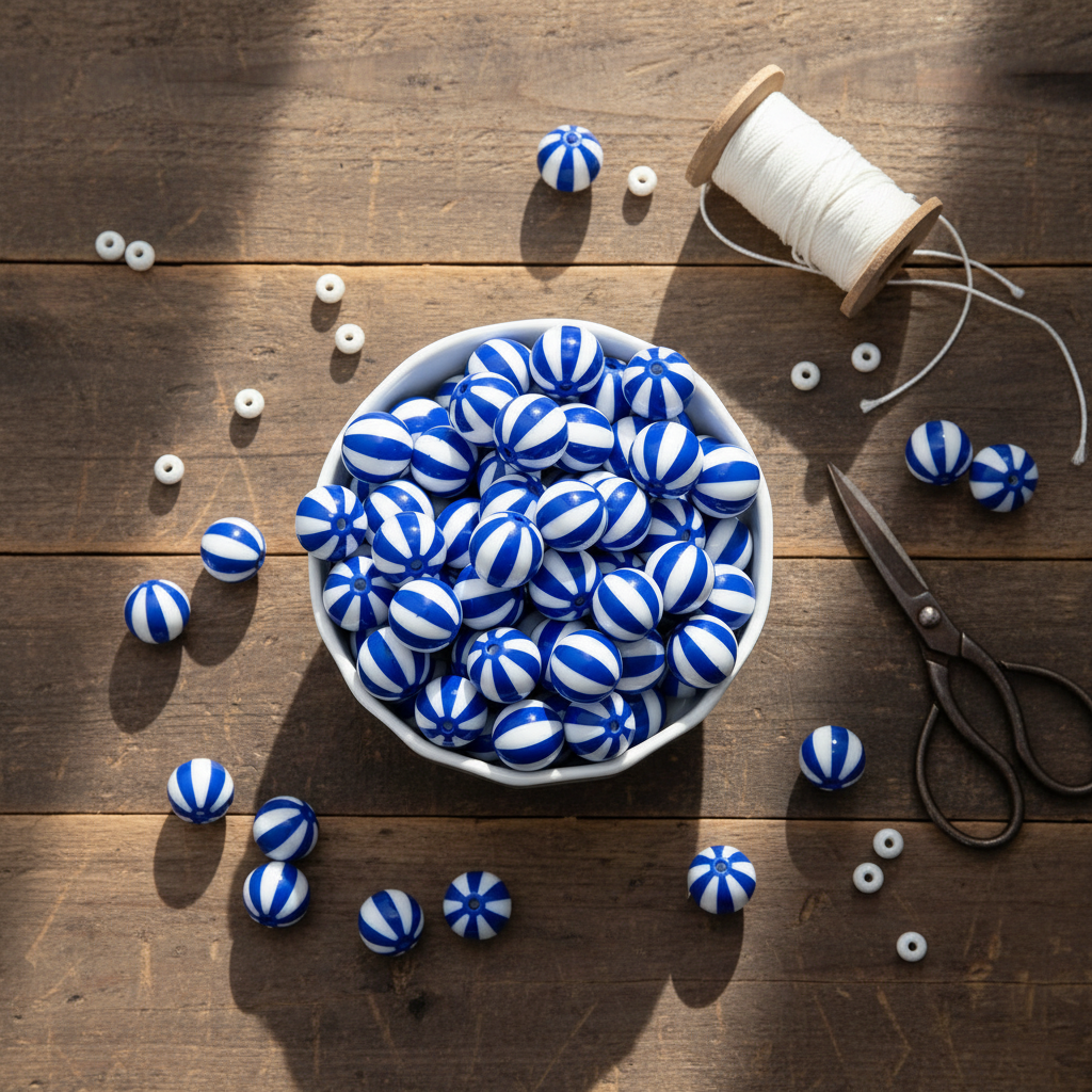 A bowl filled with blue and white striped beach ball bubblegum beads, arranged on a rustic wooden surface with loose beads, a spool of white thread, and black-handled scissors.
