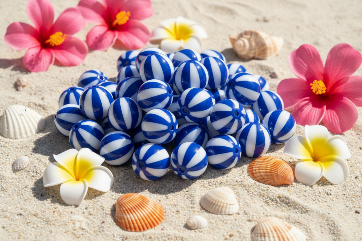 A pile of blue and white striped beach ball bubblegum beads arranged on sand, surrounded by seashells and pink and white tropical flowers.