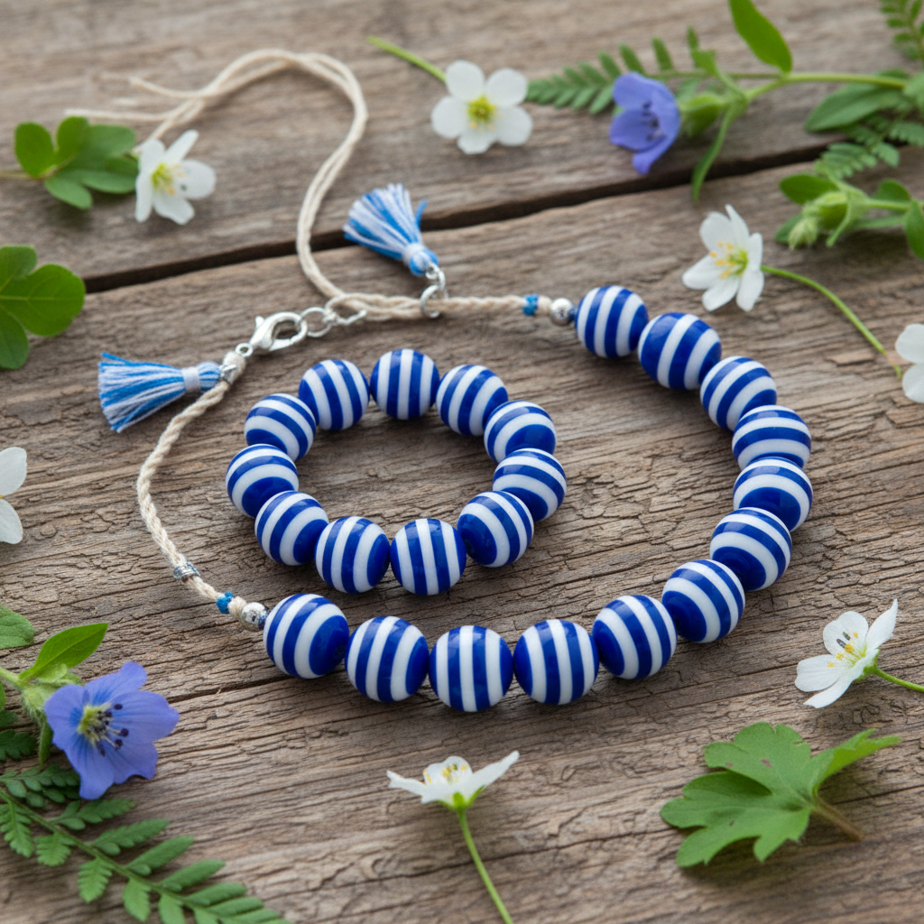 Two beaded jewelry pieces with blue and white striped round beads and light beige cords with blue tassels, arranged on a rustic wooden surface with small white and blue flowers around them.