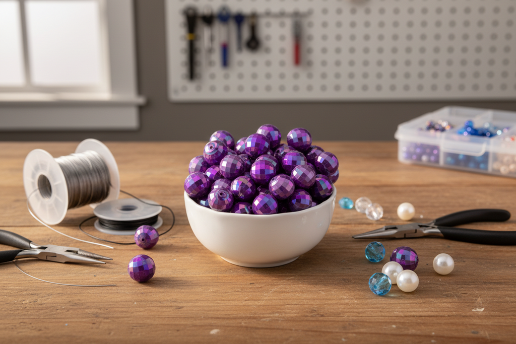 Bowl of purple faceted beads on a wooden table with jewelry-making tools in a workshop setting.