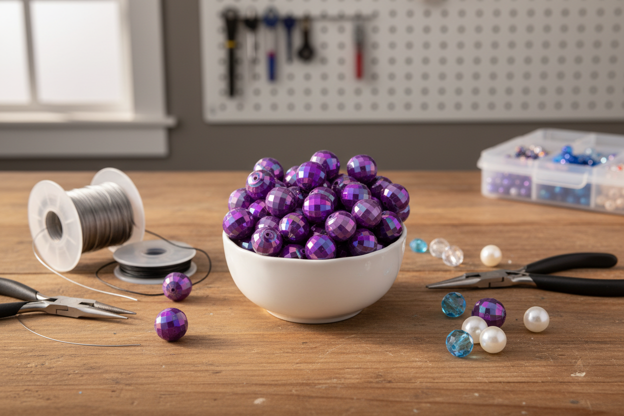 Bowl of purple faceted beads on a wooden table with jewelry-making tools in a workshop setting.