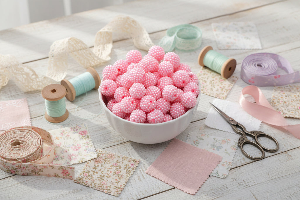 Pink beads in a bowl with sewing supplies on a wooden surface