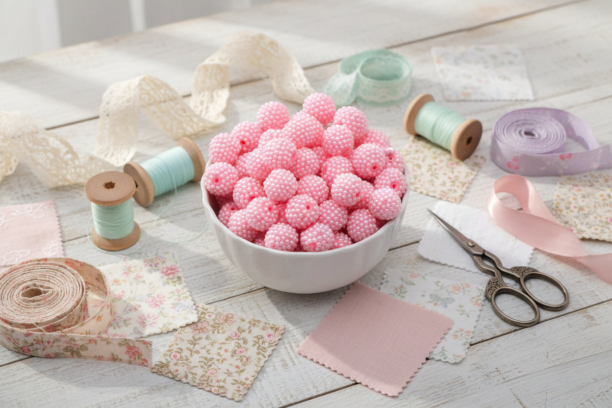 Pink beads in a bowl with sewing supplies on a wooden surface