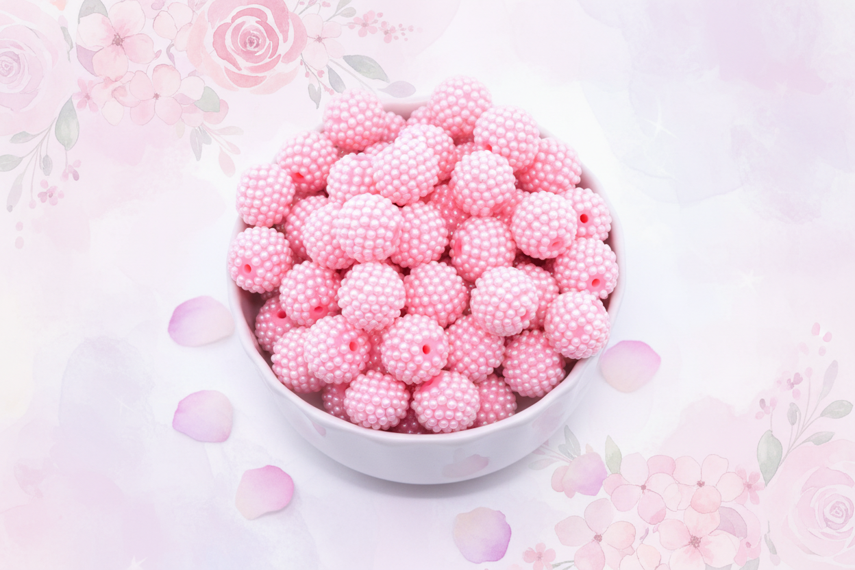 Bowl of pink beads on a floral background