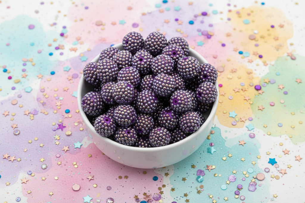 White bowl filled with purple beads with an AB coating on a colorful, star-patterned background