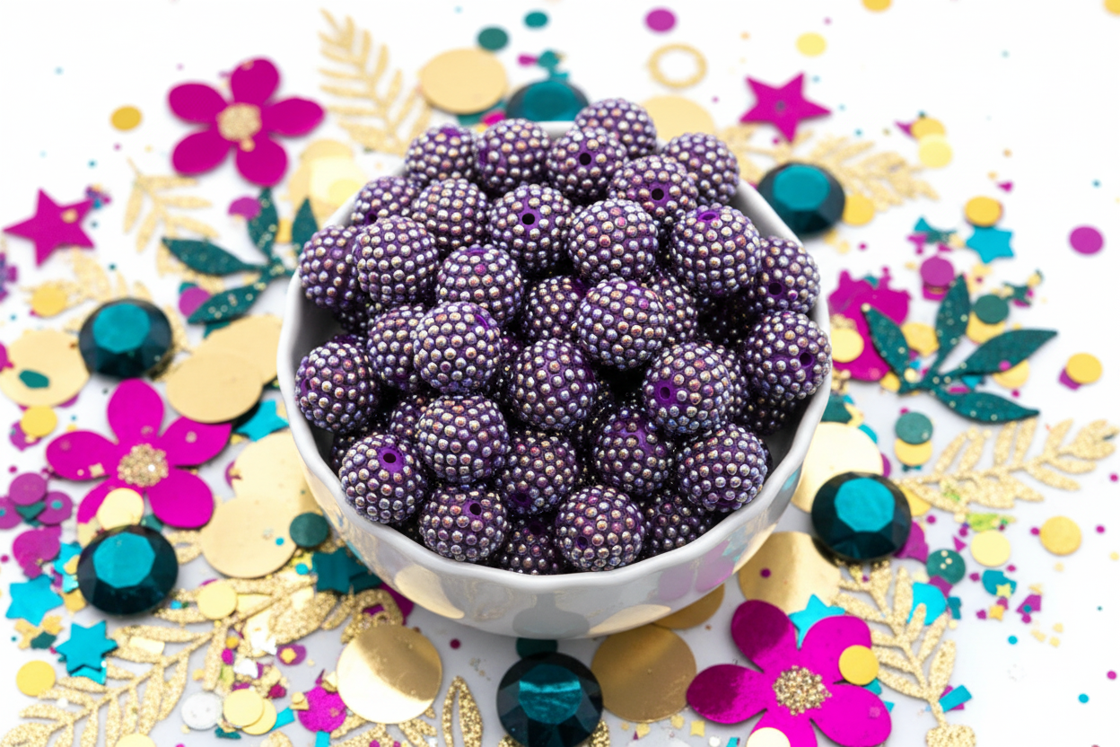 Bowl of purple beads with AB coating in a white bowl surrounded by colorful decorative elements on a white background