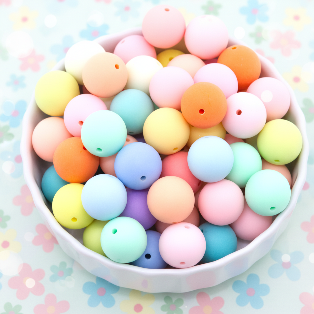 A white shallow bowl filled with frosted matte bubblegum beads in multiple colors, including pink, blue, yellow, orange, mint green, and purple, arranged on a floral pastel background.