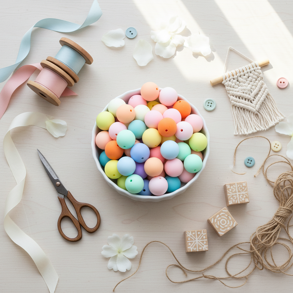 A styled flat-lay of pastel frosted matte bubblegum beads in a variety of colors  in a white bowl, surrounded by craft supplies including spools of ribbon, scissors, buttons, twine, a macrame wall hanging, and small wooden blocks on a light wood surface.
