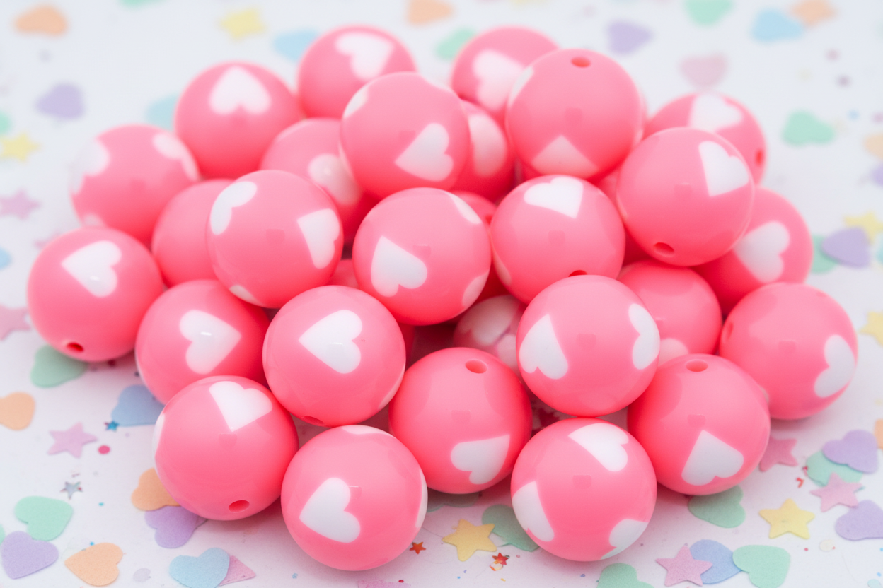 Pink beads with white heart patterns on a colorful star and heart patterned background