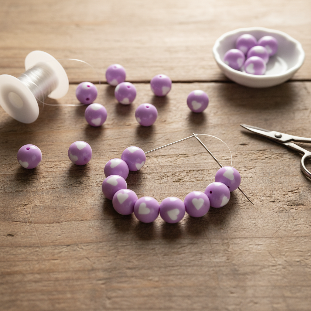 Purple beads with white hearts on a wooden surface with tools.