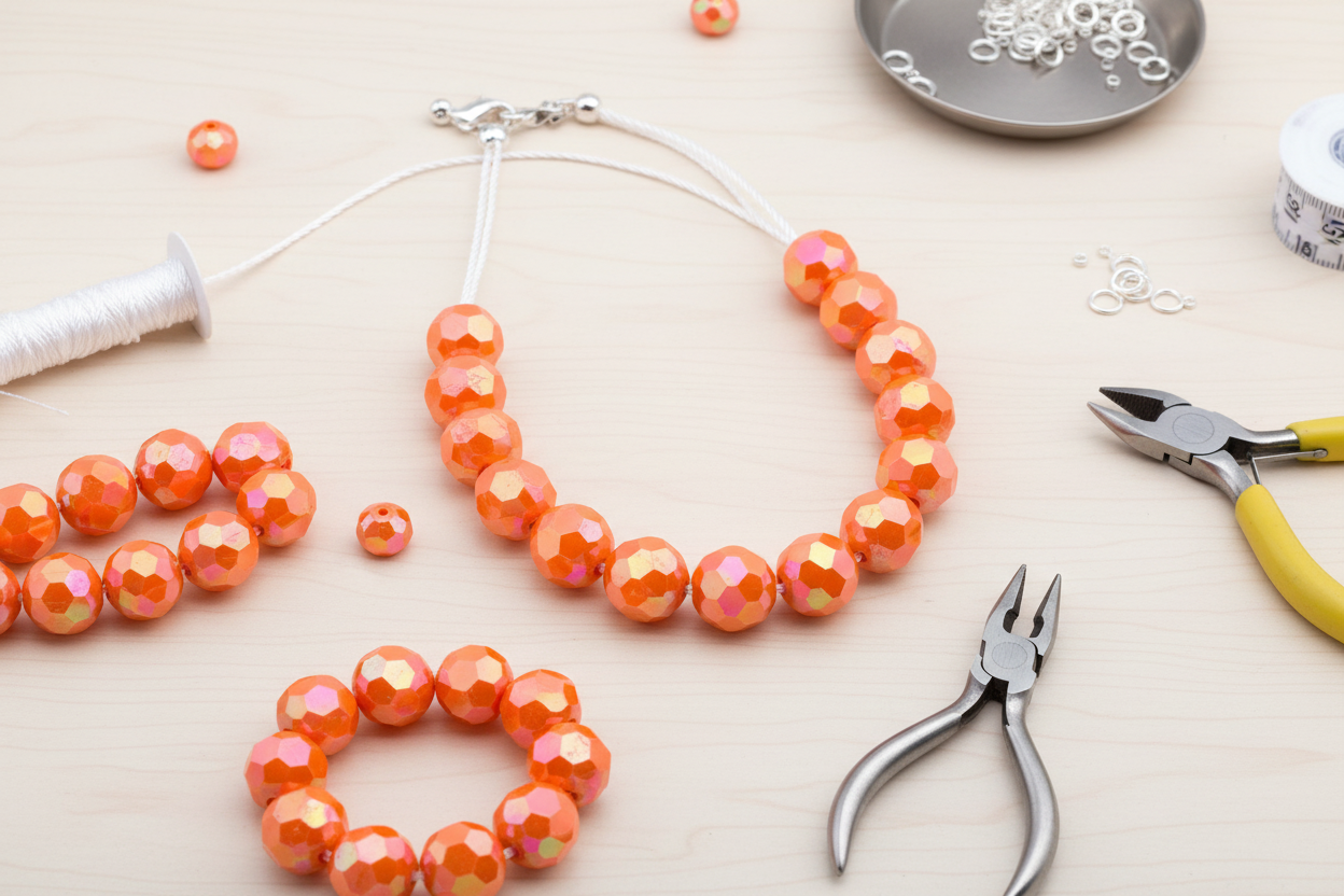 Orange faceted beads shown as abeaded necklace and bracelet with jewelry-making tools on a light surface