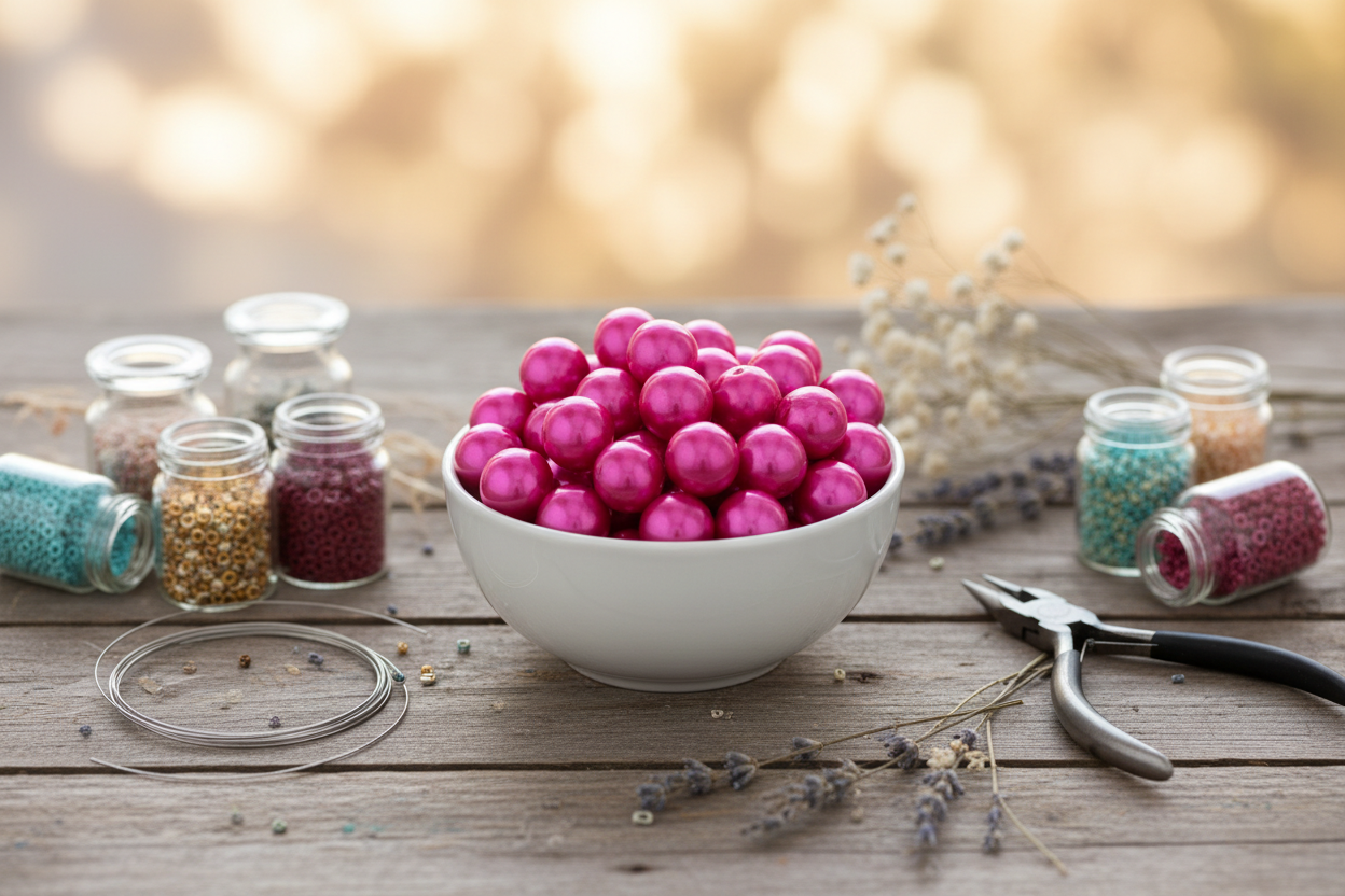A white ceramic bowl filled with shiny pink round beads sits on a rustic wooden table, surrounded by small glass jars of colorful craft beads, wire, and pliers against a warm blurred bokeh background.