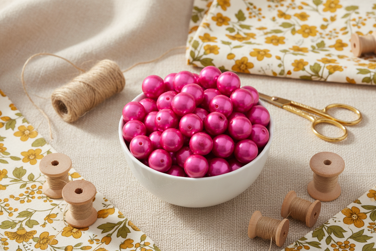 A white bowl filled with shiny pink beads, styled on a beige fabric background with floral cloth, wooden spools, twine, and gold-handled scissors.