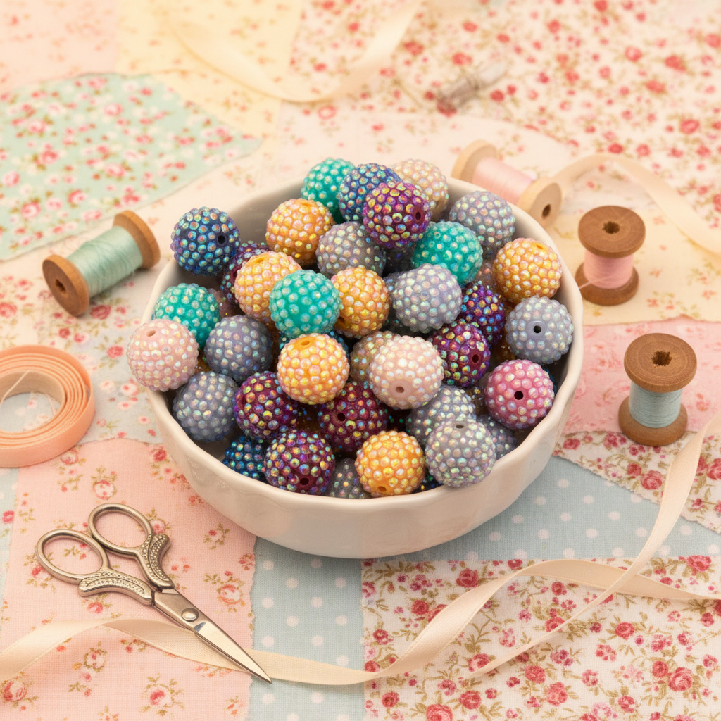 Colorful rhinestone beads in a bowl on a floral fabric background with spools of thread and scissors.