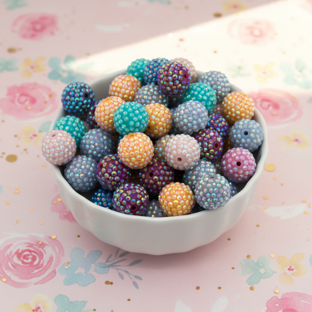 Colorful rhinestone beads in a white bowl on a floral-patterned surface