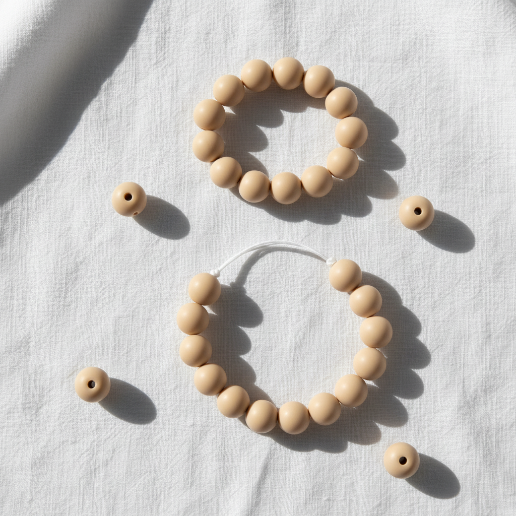 brown beads displayed as bracelets on a light fabric background