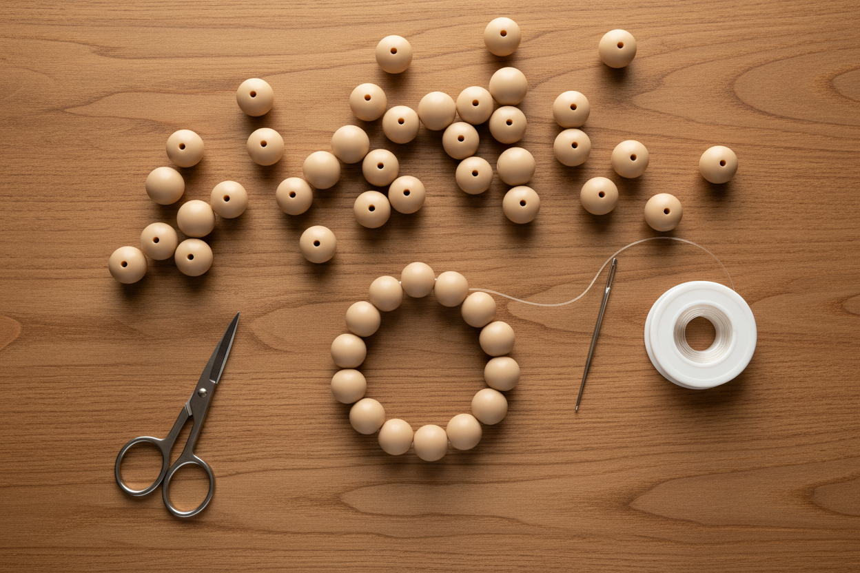 brown beads, scissors, and spool of thread on a wooden surface