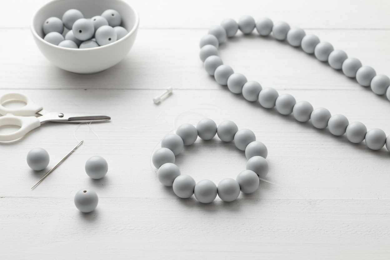 Gray beads shown as bracelets and necklace with scissors, and a bracelet on a white surface