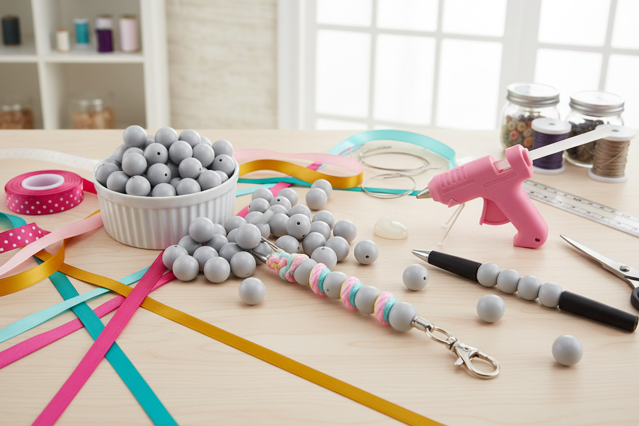Crafting materials including gray beads, a hot glue gun, and colorful ribbons on a wooden table.
