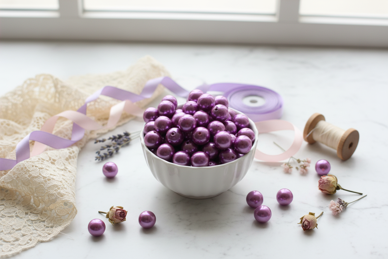 purple bubblegum beads in a white bowl on a white background with ribbon and flowers 