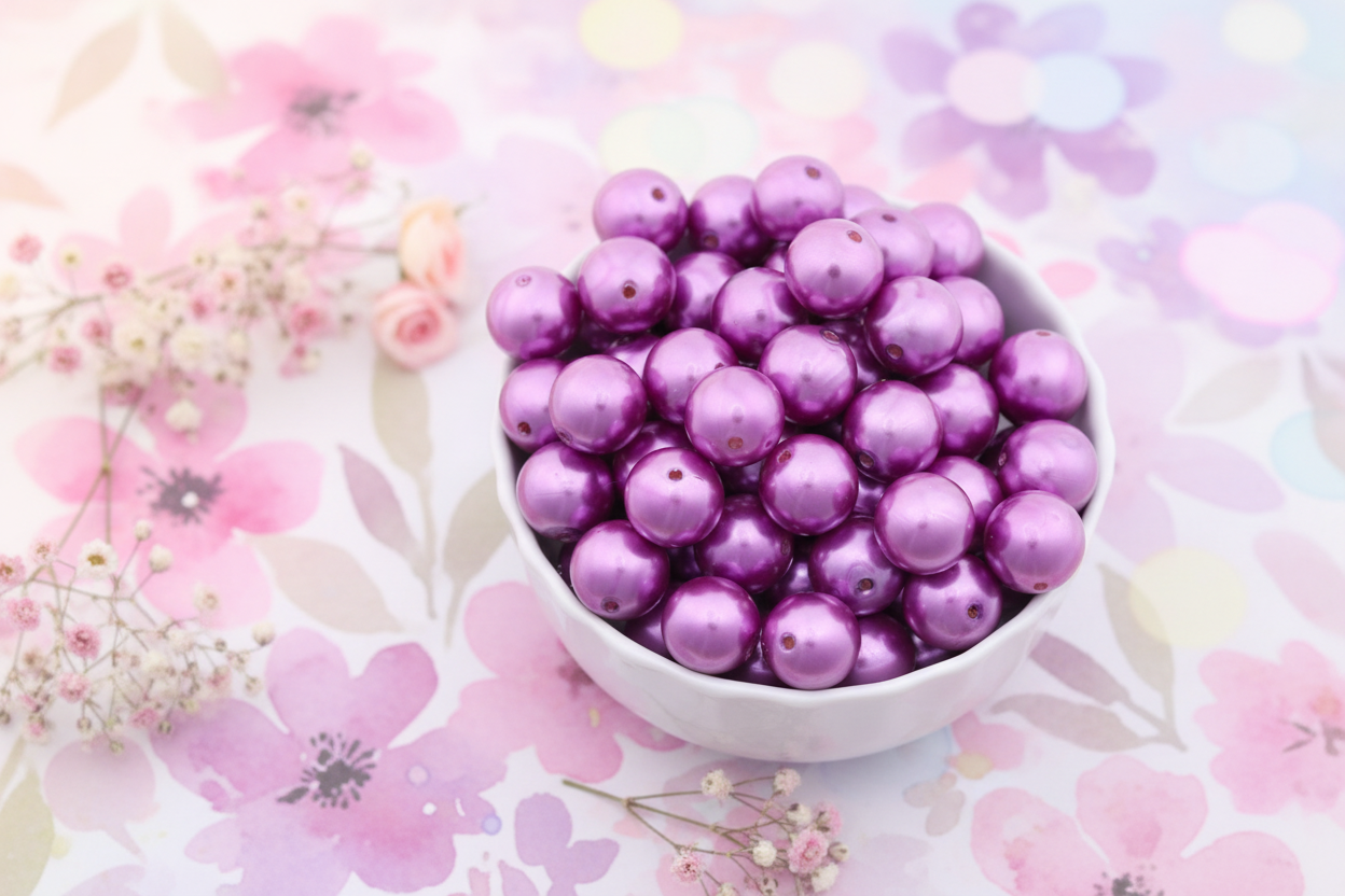 purple bubblegum beads on a pastel floral background