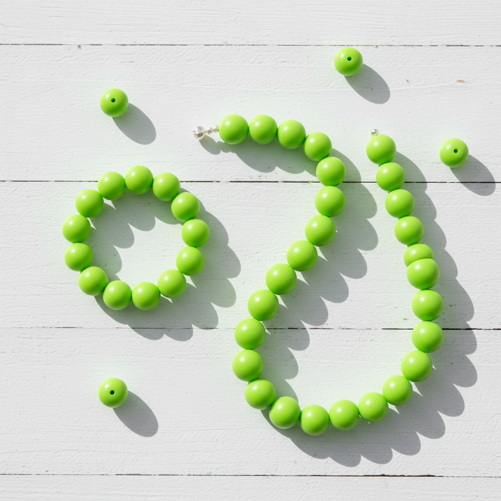 Green beads shown as beaded necklaces on a white wooden surface